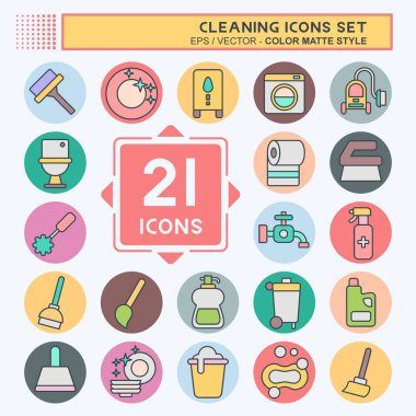 Simge Kümesi Temizliği. Ev aletleri sembolüyle ilgili. renk arkadaşı stili. Basit dizayn edilebilir. Basit resimleme