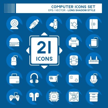 Simge Bilgisayarı Ayarla. Bilgisayar Donanımı sembolüyle ilgili. Uzun gölge tarzı. Basit dizayn edilebilir. Basit resimleme