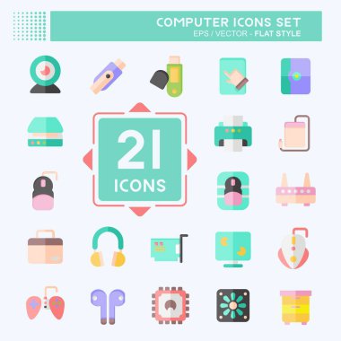 Simge Bilgisayarı Ayarla. Bilgisayar Donanımı sembolüyle ilgili. Düz stil. Basit dizayn edilebilir. Basit resimleme