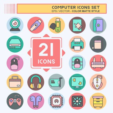 Simge Bilgisayarı Ayarla. Bilgisayar Donanımı sembolüyle ilgili. renk arkadaşı stili. Basit dizayn edilebilir. Basit resimleme