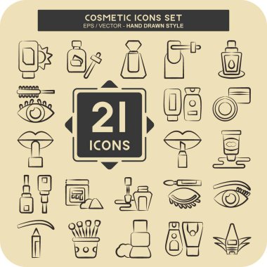 Simge Seti Kozmetik. Güzel sembolle ilgili. El çizimi tarzı. Basit dizayn edilebilir. Basit resimleme