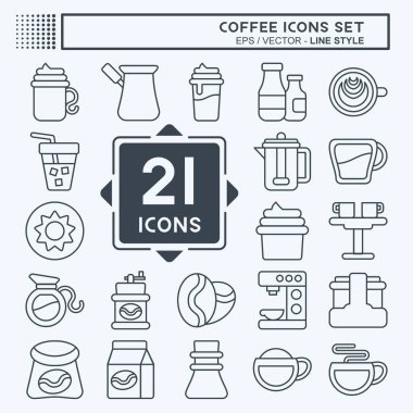 Icon Set Kahve. İçecek sembolü ile ilgili. Sıra tarzı. Basit dizayn edilebilir. Basit resimleme