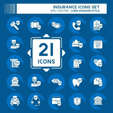 Icon Set Sigortası. Finans sembolüyle ilgili. Uzun gölge tarzı. Basit dizayn edilebilir. Basit resimleme