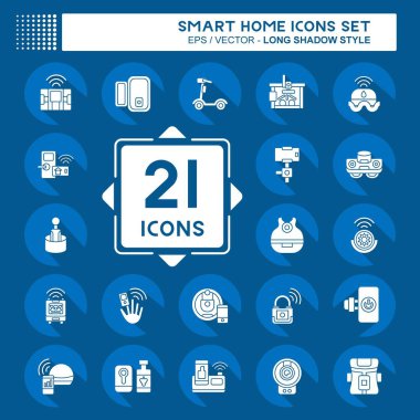 Simge Akıllı Evi Ayarladı. Teknoloji sembolüyle ilgili. Uzun gölge tarzı. Basit dizayn edilebilir. Basit resimleme