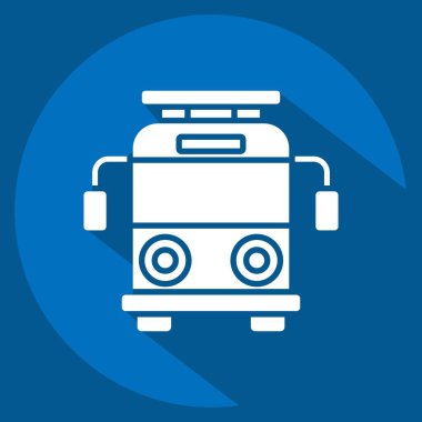 Icon Okul Otobüsü. Anaokulu sembolüyle ilgili. Uzun gölge tarzı. Basit dizayn edilebilir. Basit resimleme