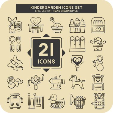 Icon Set Anaokulu. Tatil sembolüyle ilgili. El çizimi tarzı. Basit dizayn edilebilir. Basit resimleme