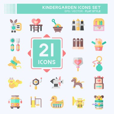 Icon Set Anaokulu. Tatil sembolüyle ilgili. Düz stil. Basit dizayn edilebilir. Basit resimleme