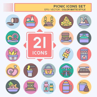 Simge Ayarlı Piknik. Tatil sembolüyle ilgili. renk arkadaşı stili. Basit dizayn edilebilir. Basit resimleme