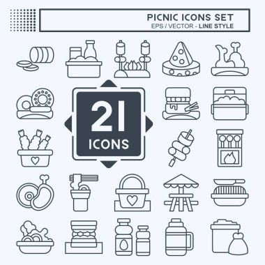 Simge Ayarlı Piknik. Tatil sembolüyle ilgili. Sıra tarzı. Basit dizayn edilebilir. Basit resimleme
