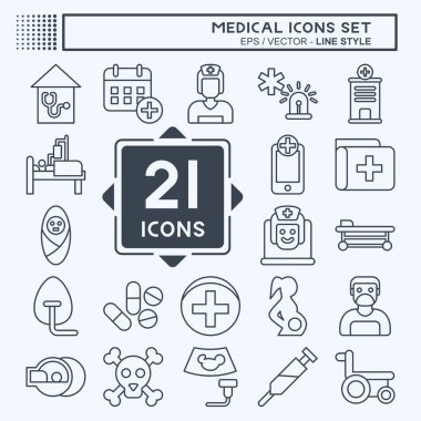 Simge seti tıbbi. Eczane sembolüyle ilgili. Sıra tarzı. Basit dizayn edilebilir. Basit resimleme