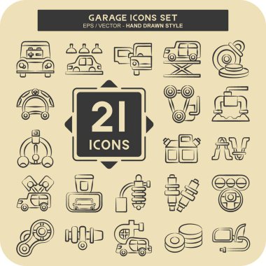 Simge Ayarlı Garaj. Otomotiv sembolüyle ilgili. El çizimi tarzı. Basit dizayn edilebilir. Basit resimleme