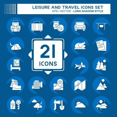 Icon Boş Zaman ve Seyahat Ayarla. Tatil sembolüyle ilgili. Uzun gölge tarzı. Basit tasarım çizimi.