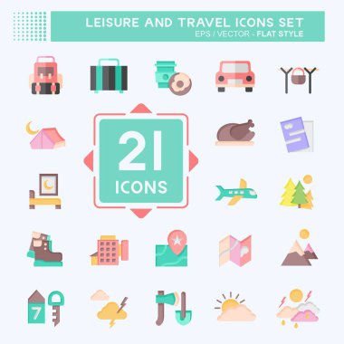 Icon Boş Zaman ve Seyahat Ayarla. Tatil sembolüyle ilgili. Düz stil. Basit tasarım çizimi.