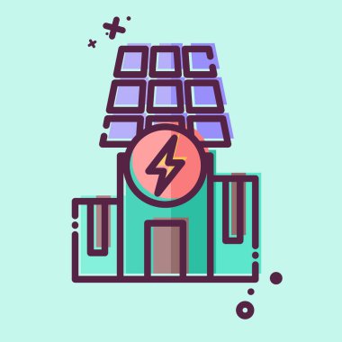 Simge Güneş enerjili bina. Güneş Paneli sembolüyle ilgili. MBE tarzı. Basit tasarım çizimi.