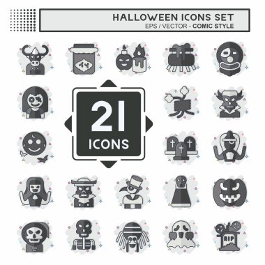 Simge Cadılar Bayramı 'nı ayarla. Festival sembolüyle ilgili. Çizgi roman. Basit tasarım çizimi