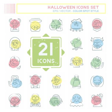 Simge Cadılar Bayramı 'nı ayarla. Festival sembolüyle ilgili. Renkli Leke Biçimi. Basit tasarım çizimi