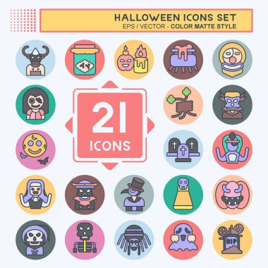 Simge Cadılar Bayramı 'nı ayarla. Festival sembolüyle ilgili. renk arkadaşı stili. Basit tasarım çizimi