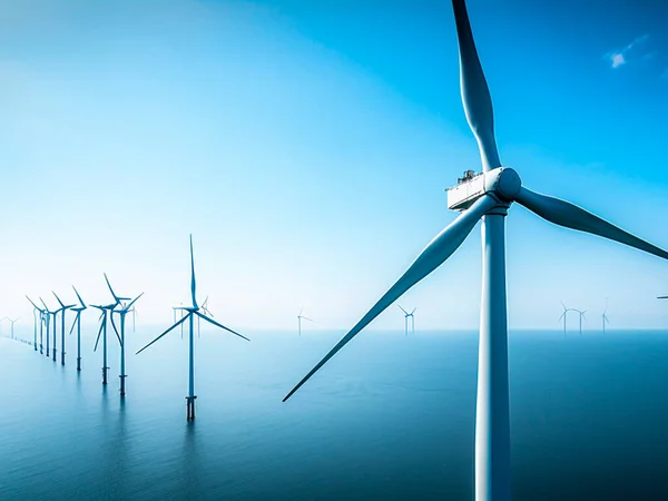 Windmill farm in the ocean, windmills isolated at sea on a beautiful bright day. Huge windmill turbines. High quality photo