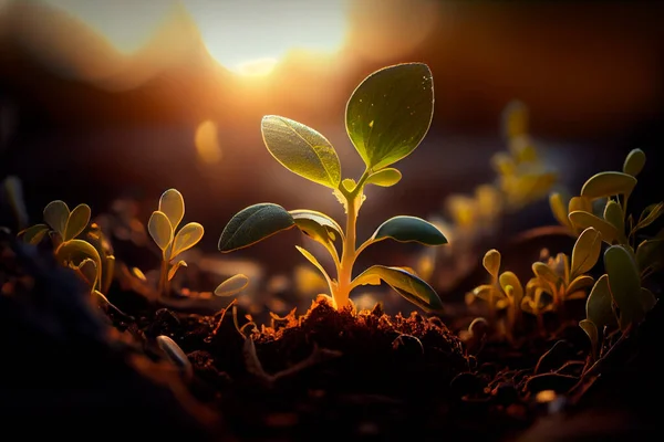 stock image Young sprouts, seedlings growing. New life concept. Green plant growing in good soil. Banner with copy space. Agriculture, organic gardening, planting or ecology concept. High quality photo