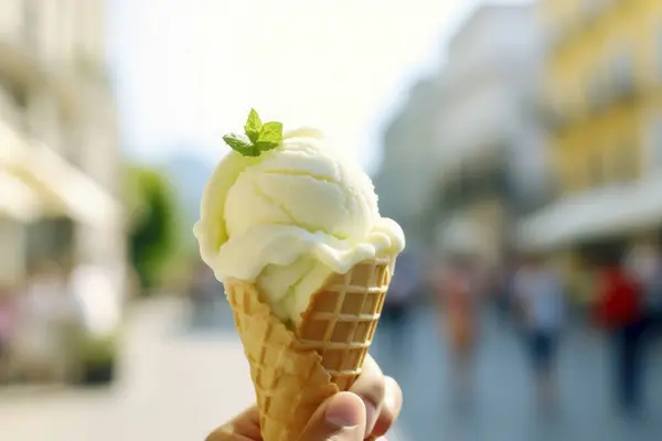 Main Tenant Cône Crème Glacée Pendant Les Vacances Été Concept Photo De Stock