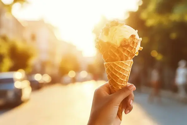 Main Tenant Cône Crème Glacée Pendant Les Vacances Été Concept Images De Stock Libres De Droits