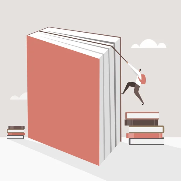 Illustration Conceptuelle Jeune Homme Grimpant Sur Grand Livre — Image vectorielle