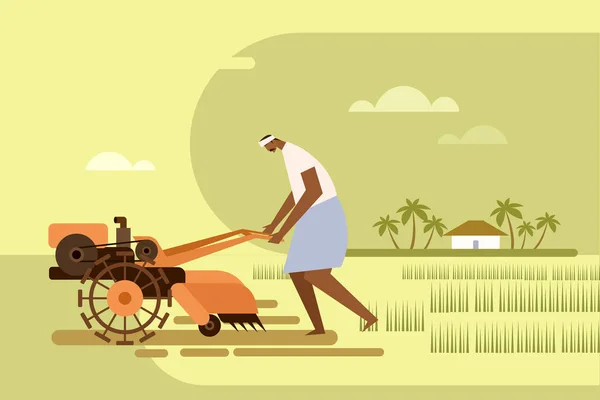 Illustration Eines Landwirts Der Mit Einer Motorfräse Das Reisfeld Pflügt — Stockvektor