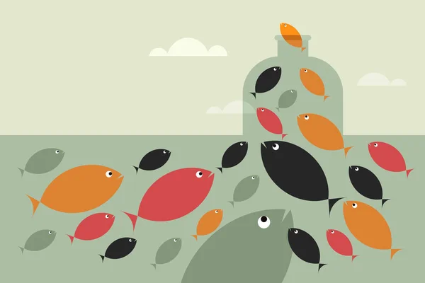 Conceptuele Illustratie Van Een School Vissen Die Een Water Ondergedompelde — Stockvector