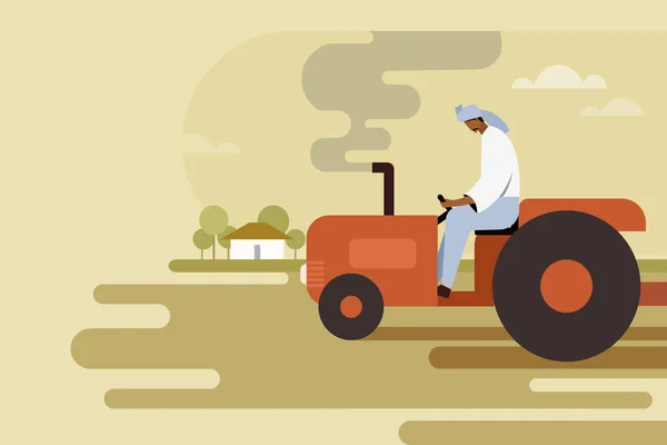 Ilustrace Indického Zemědělce Který Provozuje Traktor Zemědělském Poli — Stockový vektor