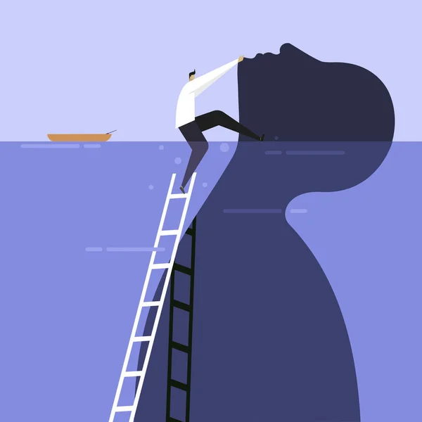 巨大な人間の姿を登ることで水から逃れる男のイラスト — ストックベクタ
