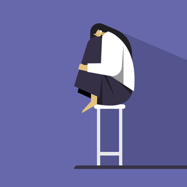 Illustration of a worried depressed girl sitting on a chair