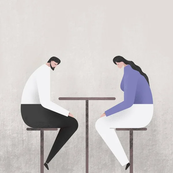 Illustration of a man and woman doing discussion over a table