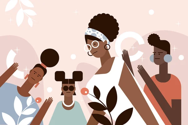 Farklı Saç Stilleri Olan Koyu Tenli Kadınlar Kolajı Siyah Geçmiş — Stok Vektör