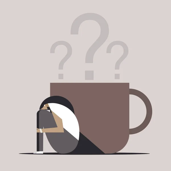 Ilustración Conceptual Una Chica Estresada Sentada Lado Una Taza Café — Vector de stock