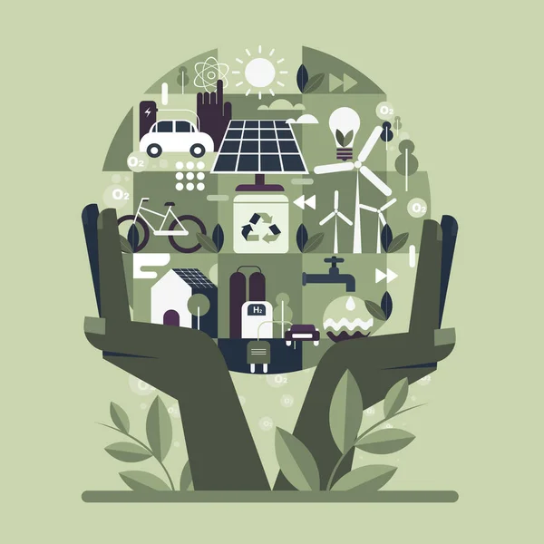 Manos Sosteniendo Planeta Tierra Con Recursos Ecológicos Enrergy Ecológicos — Vector de stock