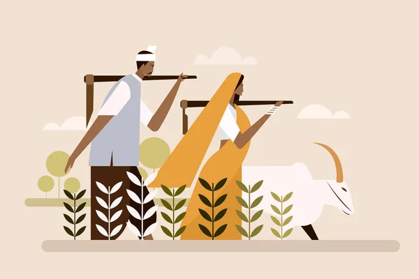 Ilustrace Indického Farmáře Manželky Procházející Býkem Zemědělské Farmě — Stockový vektor