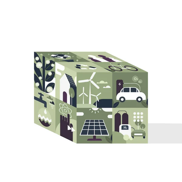 Illustration Eines Würfels Mit Umweltfreundlichen Energiequellen — Stockvektor