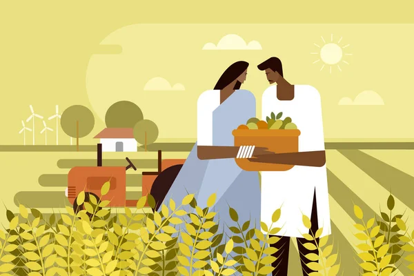 Ilustração Casal Agricultores Indianos Segurando Uma Cesta Produtos Agrícolas Suas — Vetor de Stock