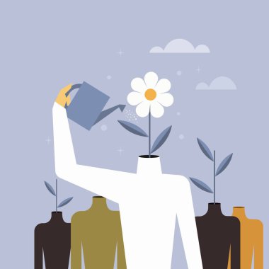 Kavramsal illüstrasyon elleri insan vücudundan çıkan bir bitkiyi suluyor.