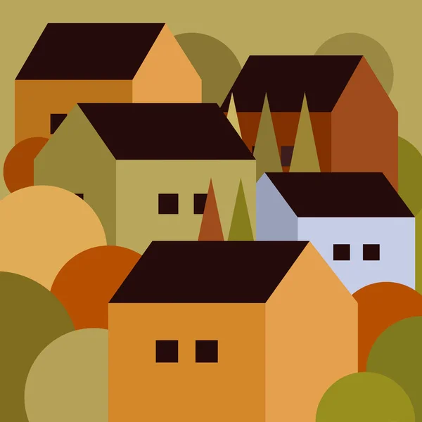 Geometric Illustration Packed Houses Trees — Stock Vector