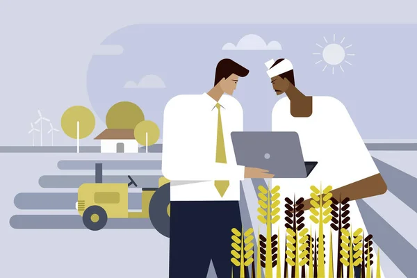 Homme Affaires Expliquant Des Choses Agriculteur Aide Son Ordinateur Portable — Image vectorielle