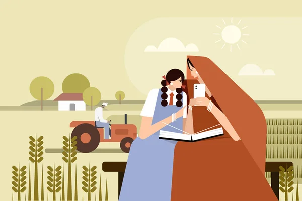 Απεικόνιση Ινδής Αγρότισσας Και Κόρης Που Μαθαίνουν Βοήθεια Κινητού Τηλεφώνου — Διανυσματικό Αρχείο