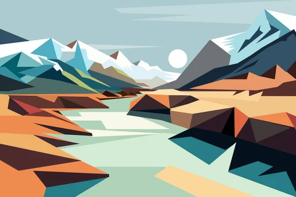 Illustration Géométrique Paysage Hivernal Avec Montagne Eau — Image vectorielle