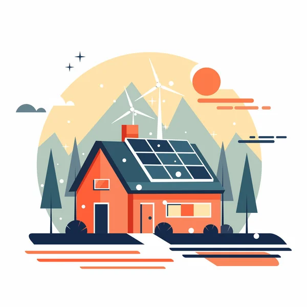 Ilustrace Moderního Domu Šetrného Životnímu Prostředí Využitím Obnovitelných Zdrojů Energie — Stockový vektor