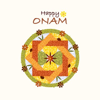 Çiçek tasarımlarıyla onam festivali selamları. Onam, Hindistan 'ın Kerala kentinde düzenlenen geleneksel bir festivaldir.