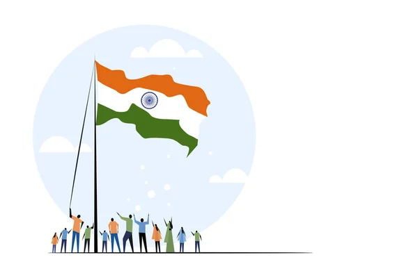 Ilustración Grupo Personas Izar Bandera Tricolor India — Archivo Imágenes Vectoriales