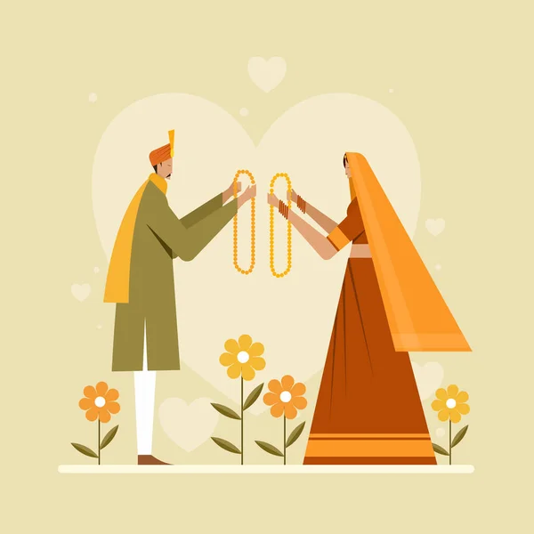 ヒンドゥー教の宗教的な方法で結婚する花嫁と新郎のインドの結婚式のイラスト — ストックベクタ