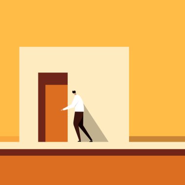 Bir binanın kapısında duran bir adamın tasviri.