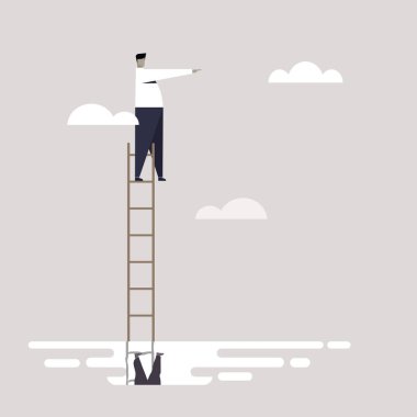 Suyun ortasına yerleştirilmiş bir merdivenin tepesinde duran bir iş adamının kavramsal çizimi