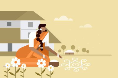 Yerlere 'Kolam' adında geleneksel bir Hintli kadın çizimi.